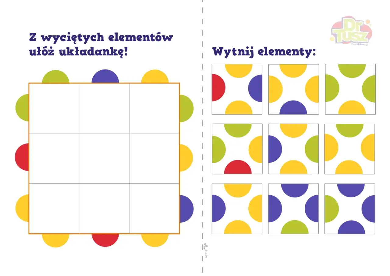 Z wyciętych element&oacute;w uł&oacute;ż układankę! Na stronie znajdują się kolorowe k&oacute;łka i kwadraty do wycięcia, tworzące puzzle do druku.