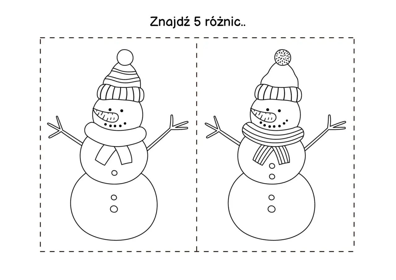 Świąteczne karty pracy: znajdź 5 różnic między dwoma rysunkami bałwanków.